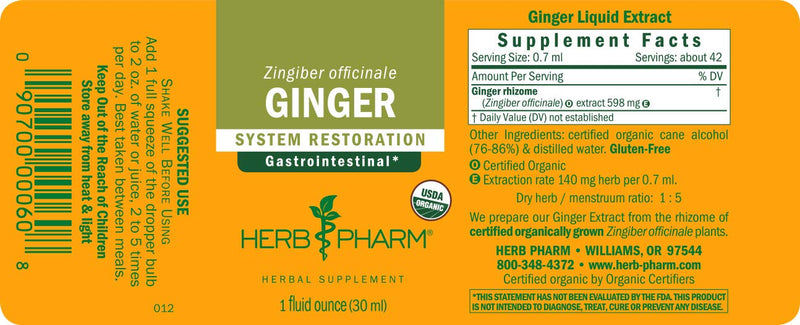 [Australia] - Herb Pharm Certified Organic Ginger Liquid Extract for Digestive Support - 1 Ounce 1 Fl Oz (Pack of 1) 