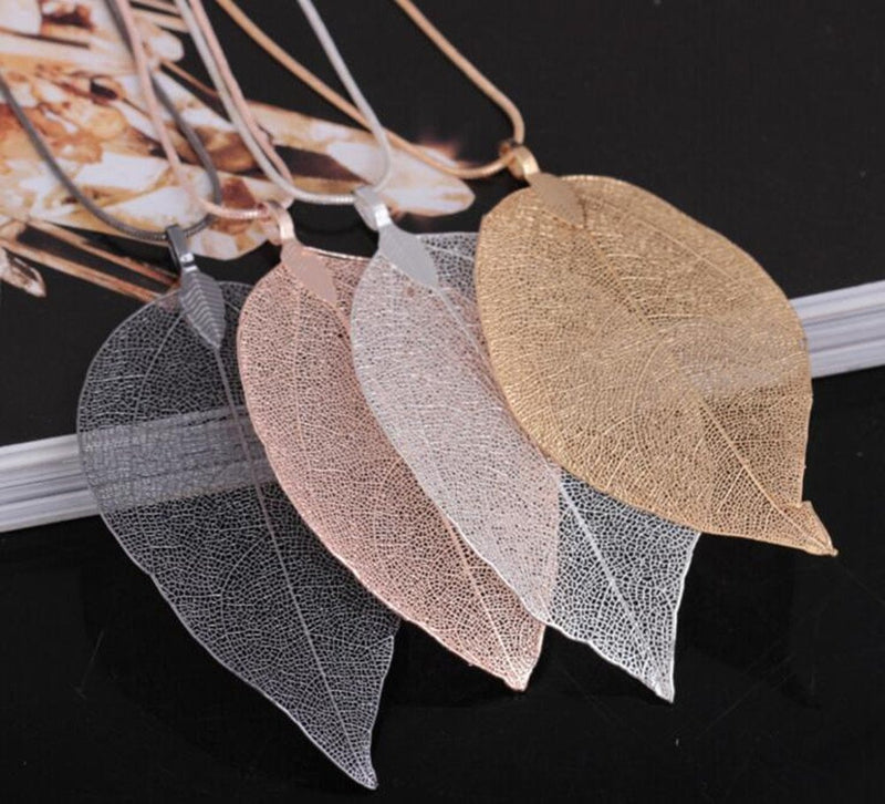 [Australia] - COLORFUL BLING Long Leaves Pendant Necklace Handmade Boho Leaf Sweater Chain Rose gold 