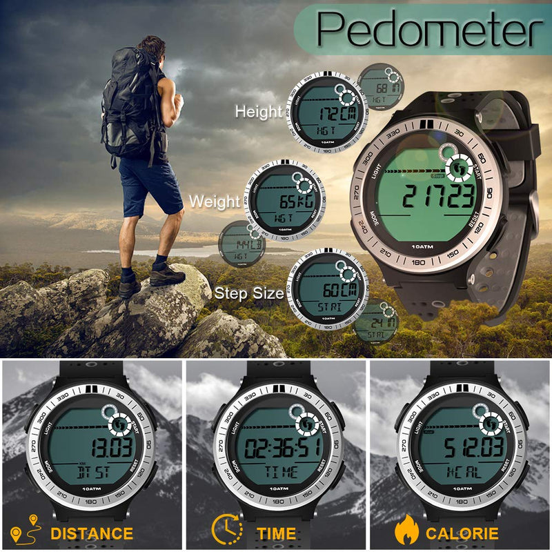[Australia] - 10 ATM Waterproof Sports Watch Pedometer for Men Boys Scuba Diving Watch with Lap Stopwatch and Alarm Clock Function, 12/24 Hour Format Selectable 