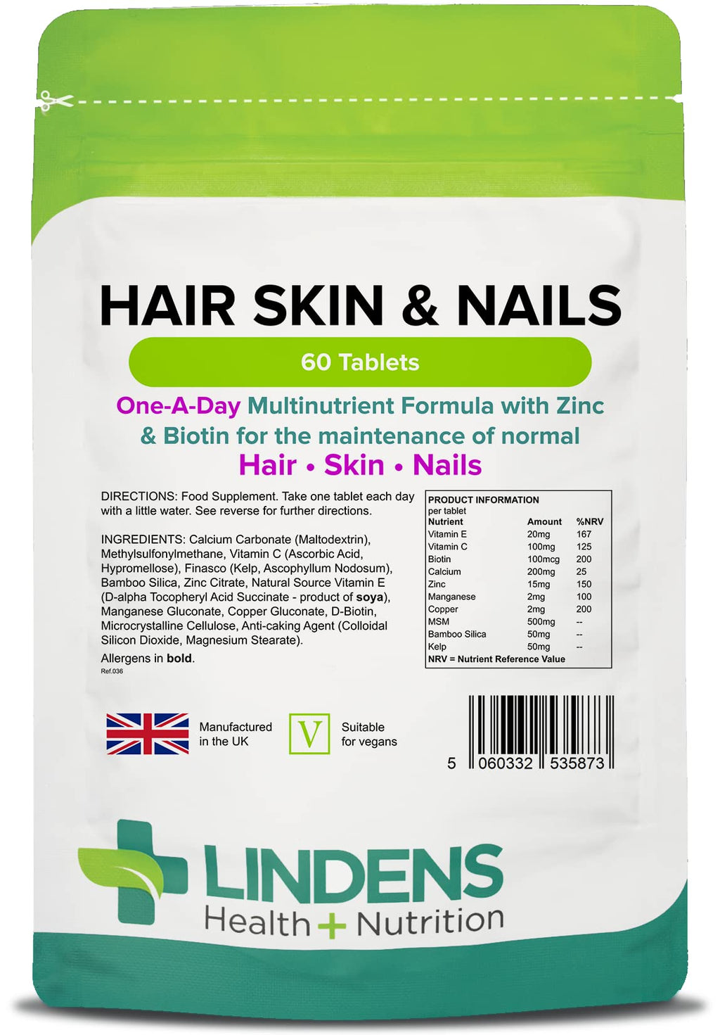 [Australia] - Lindens Hair Skin & Nails Tablets - 60 Pack - Contains Biotin, Zinc, Silica, Vitamin C, Vitamin E & MSM in A Convenient One-a-Day Tablet - UK Manufacturer, Letterbox Friendly 