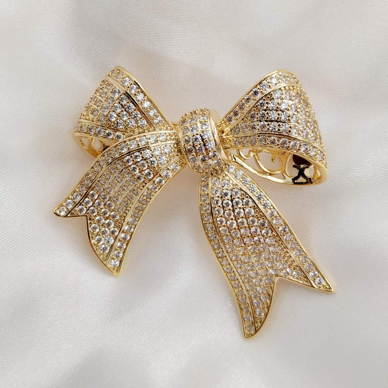 [Australia] - DREAMLANDSALES Victorian Vintage Gold Tone Full Micro Pave Ribbon Bow Brooches Pins Women Accessory 