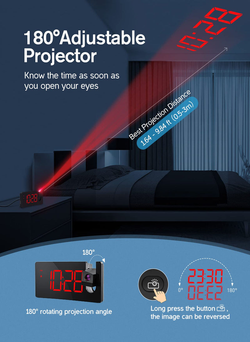 [Australia] - Projection Alarm Clock for Bedrooms, Red Digital Clock Projection on Ceiling Wall with USB Charging Port, 3-Level Brightness 180° Projector and Screen, 12/24H, Snooze, Bedside Clock for Elders, Adults 