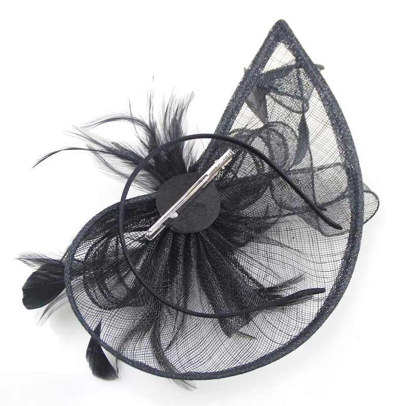 [Australia] - Sinamay Fascinator Hat Mesh Net Feather Cocktail Party Hat Flower Derby Hat for Women Black 