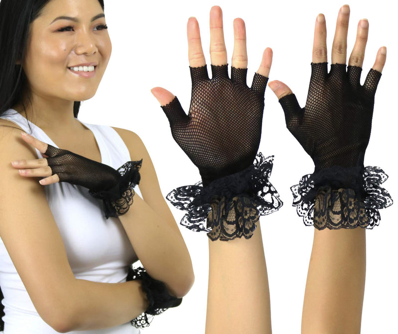 [Australia] - ToBeInStyle Women’s Whimsical Lace Ruffle Wrist Trim Fishnet Fingerless Gloves One Size Regular Black 