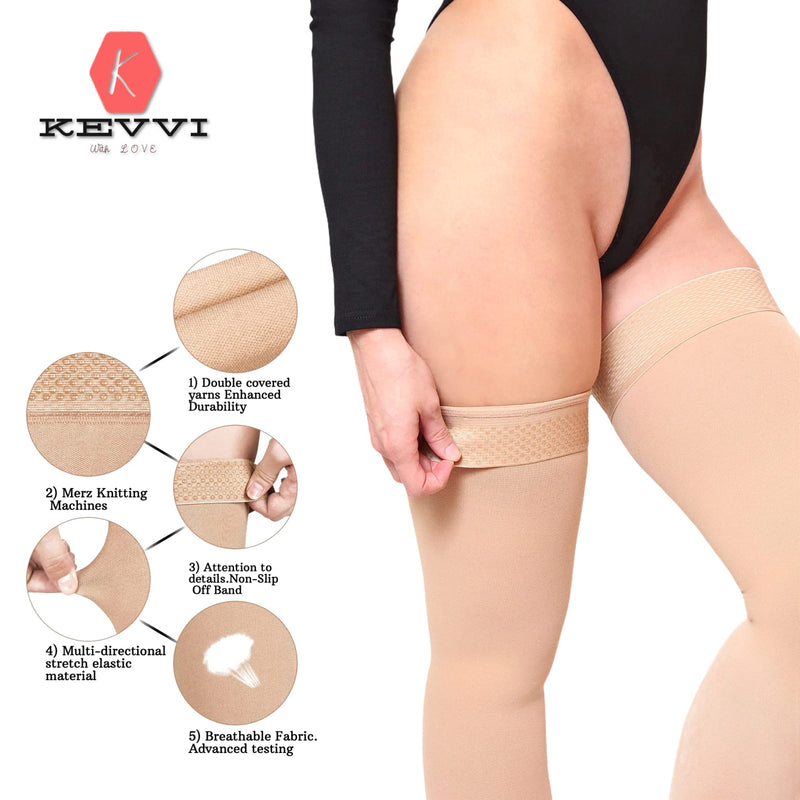 [Australia] - KEVVI (S to 5XL) -Thigh High Compression Stockings Women & Men 20-30 mmHg,Ted Hose Open Toe, Support Hose, Support Stockings Medium Beige 