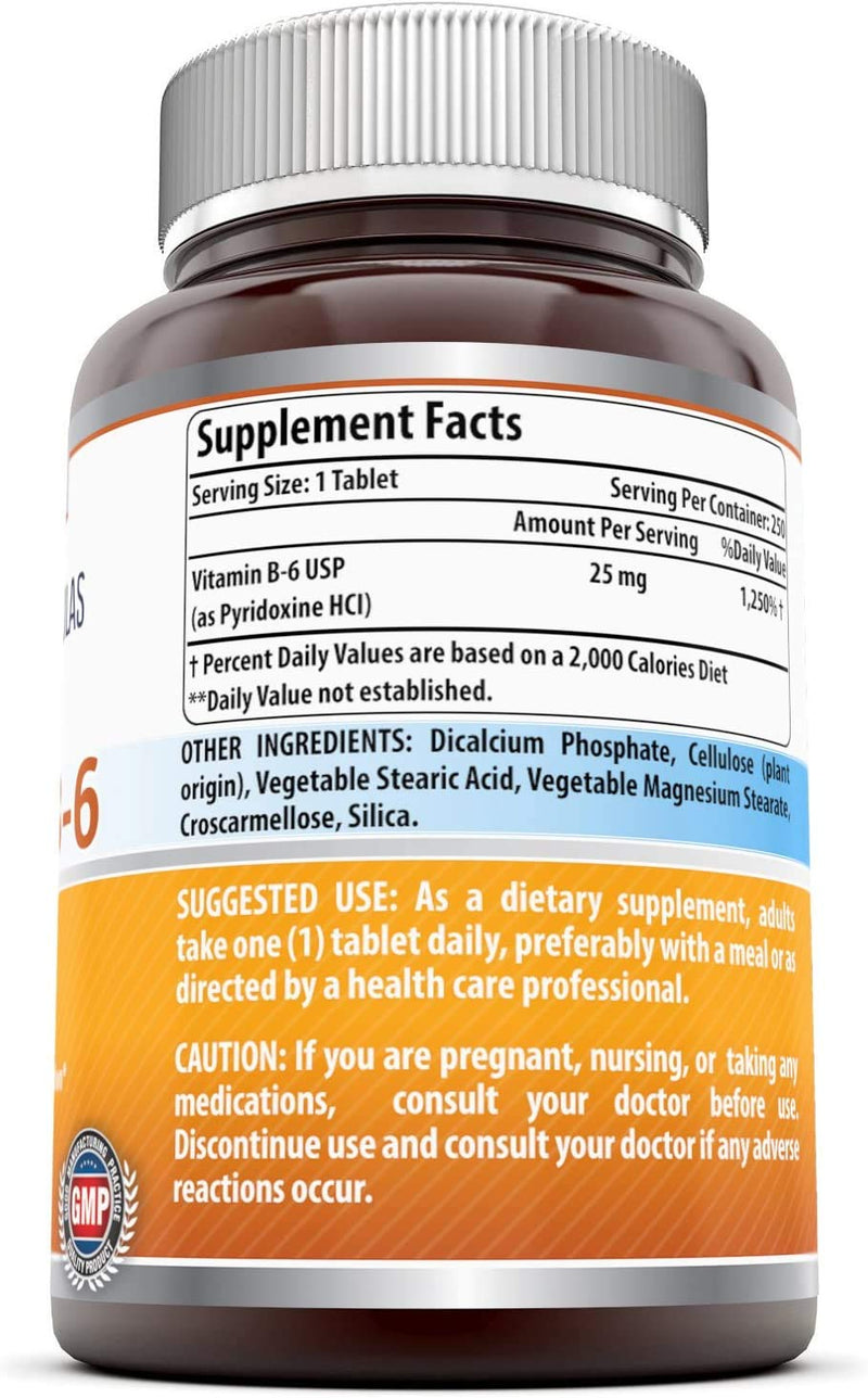 [Australia] - Amazing Formulas Vitamin B6 25 mg 250 Tablets Dietary Supplement (Non GMO,Gluten Free) – Supports Healthy Nervous System, Metabolism & Cell Health 250 Count (Pack of 1) 