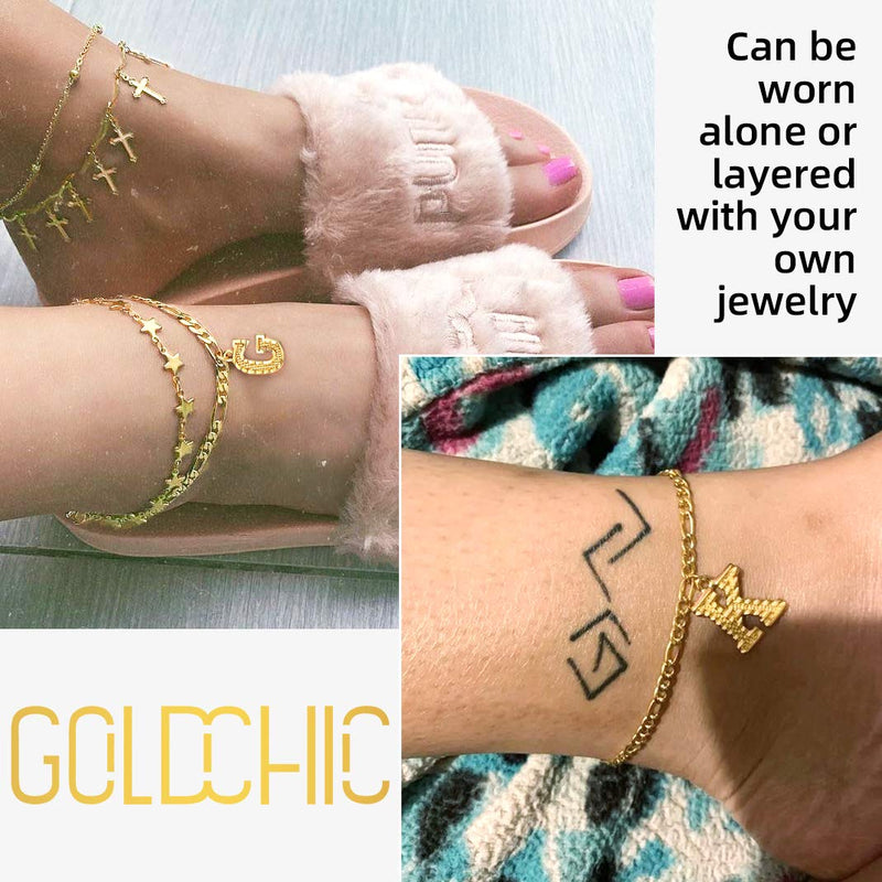 [Australia] - GoldChic Jewelry Anklets with Initials, Personalized Waterproof 4.5MM Wide Resizable 18K Gold Plated Figaro Chain Initial Letter Ankle Bracelets for Women Summer Jewelry, 22-27cm Length N no personalization 