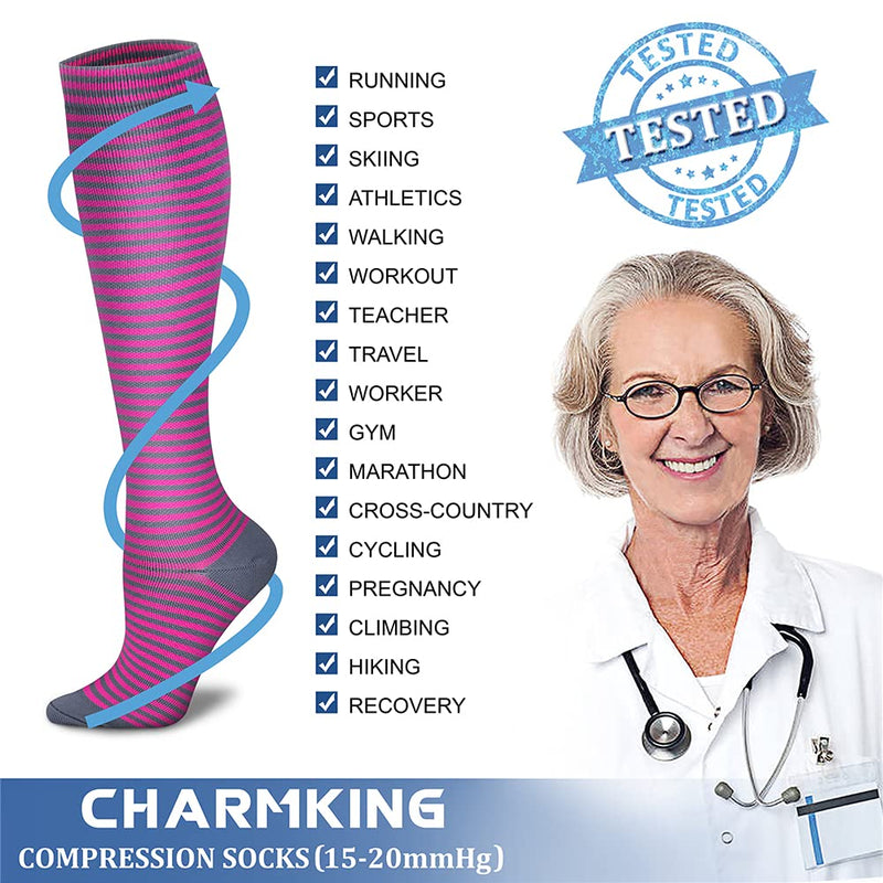 [Australia] - CHARMKING Compression Socks for Women & Men (6 Pairs) 15-20 mmHg is Best for Athletics, Running, Flight Travel, Support Small-Medium 01 Black/Black/Black/Black/Pink/Grey 