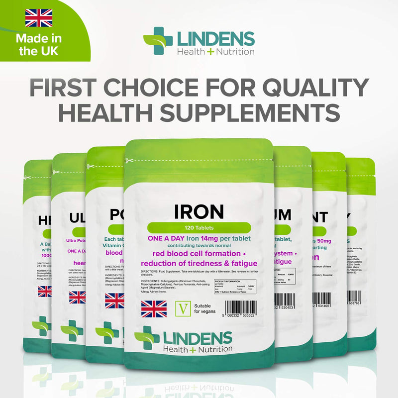 [Australia] - Lindens Iron 14mg - 120 Vegan Tablets - Reduce Tiredness, Increase Energy | Creates Healthy Red Blood Cells | Normal Oxygen Transportation | (4 Months Supply) | UK Manufacturer, Letterbox Friendly 
