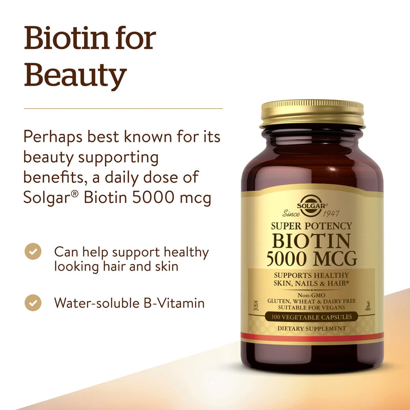 [Australia] - Solgar Biotin 5000 mcg, 100 Veg Caps - Promote Healthy Skin, Nails & Hair - Supports Energy Production, Protein, Carbohydrate & Fat Metabolism - Vitamin B - Non GMO, Vegan, Gluten Free - 100 Servings 