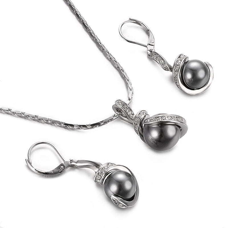 [Australia] - Yoursfs Grey Pearl Jewelry Set For Women 18k White Gold Plated Leverback Earrings & Pendant Drop Earrings and Necklace Set 