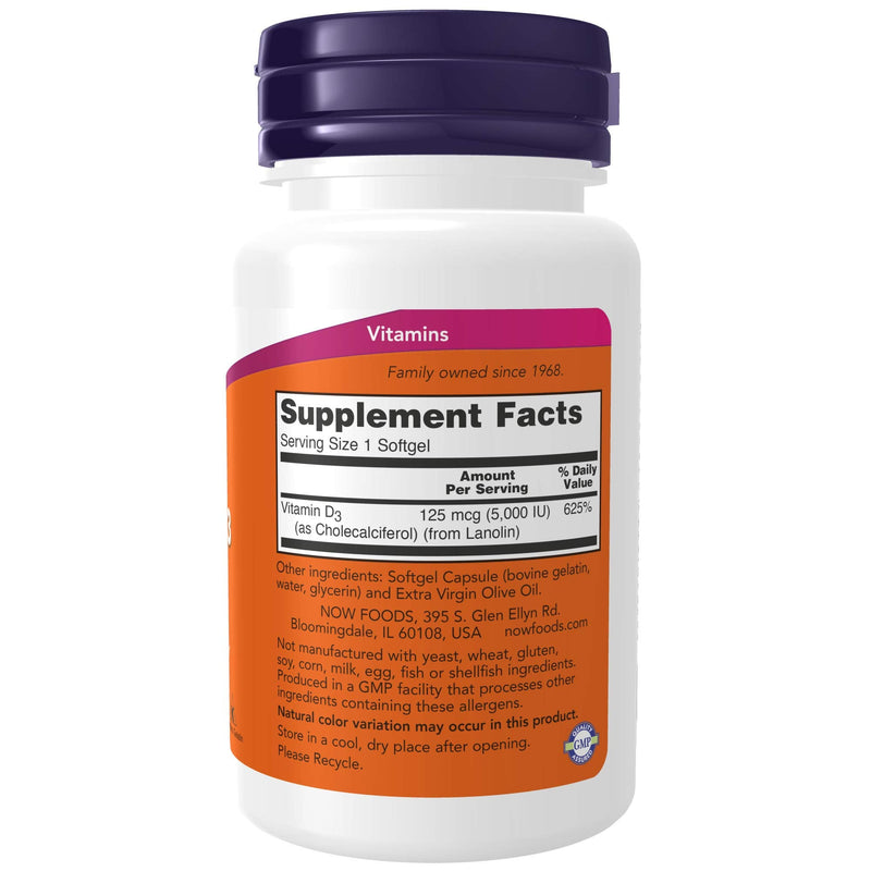 [Australia] - NOW Supplements, Vitamin D-3 5,000 IU, High Potency, Structural Support*, 120 Softgels 