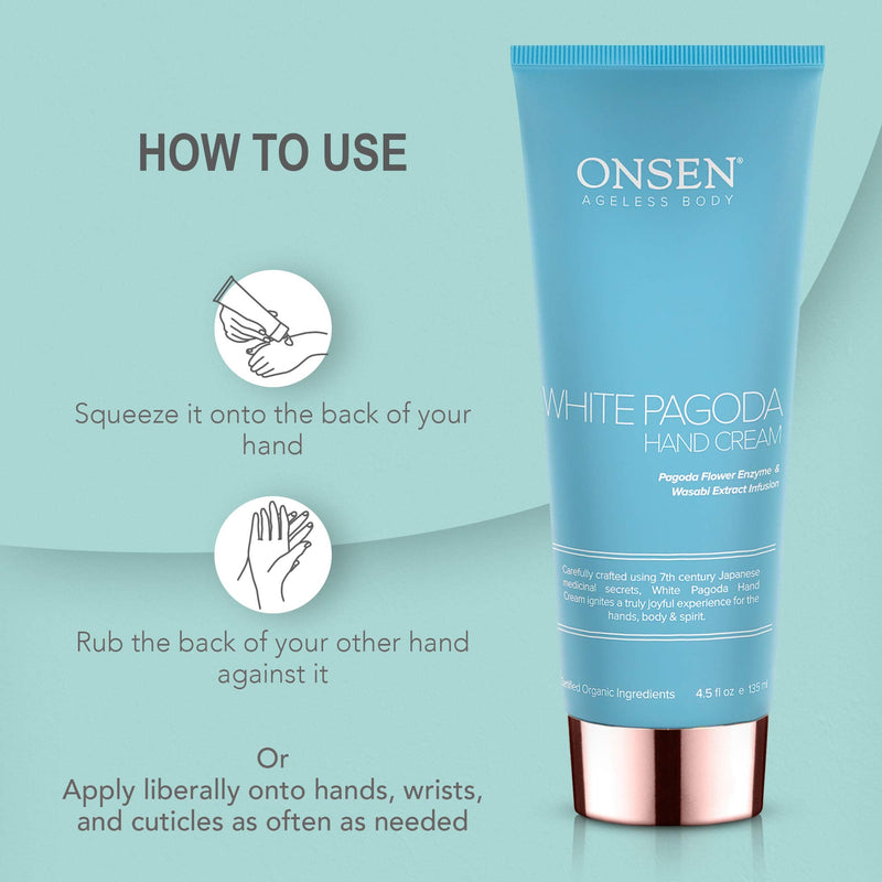 [Australia] - Onsen Japanese Anti Aging Hand Cream - Firming Hand Lotion Features Pagoda Flower Enzyme, Wasabi Extract Infusion, Hyaluronic Acid, and Shea Butter, for Clarified and Moisture Rich Skin (4.5 Oz) 
