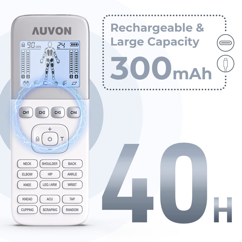 [Australia] - AUVON 4 Outputs H1 TENS Unit 24 Modes Muscle Stimulator for Pain Relief, Rechargeable TENS EMS Machine with Easy-to-Select Button Design, 2X Battery Life, Dust-Proof Bag and 8 Electrode Pads 