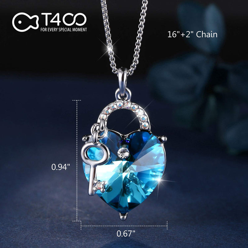 [Australia] - T400 Fashion Crystal Heart Pedant Necklaces Purple/Blue Crystal Pendant Jewelry for Women Birthday Gift Lock and Key Heart (Blue) 