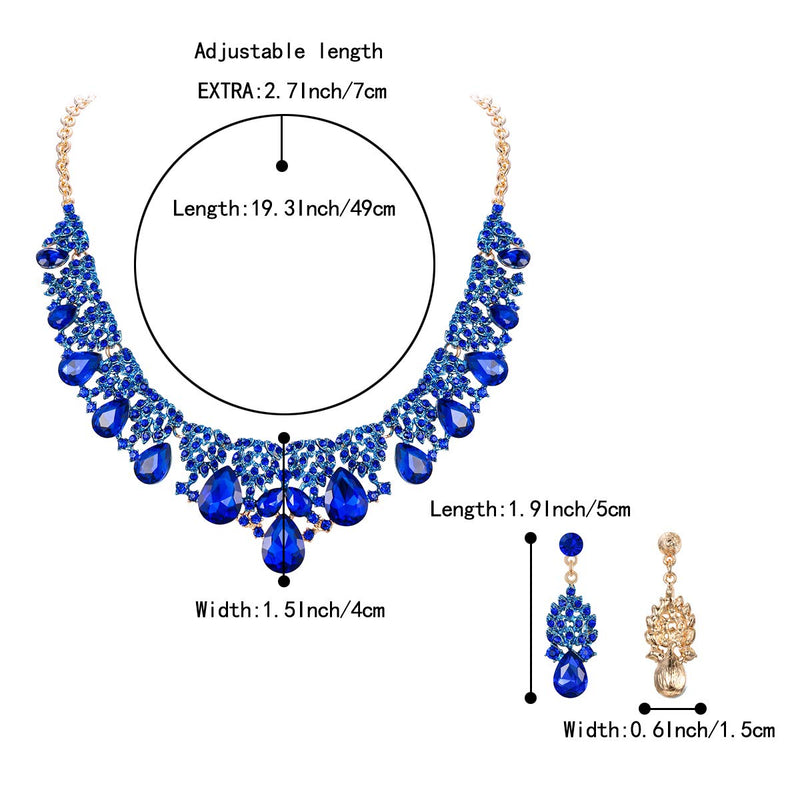 [Australia] - BriLove Indian Costume Jewelry Sets for Brides Rhinestone Teardrop Hollow Scroll Statement Necklace Dangle Earrings 07-Navy Blue Gold-Tone 