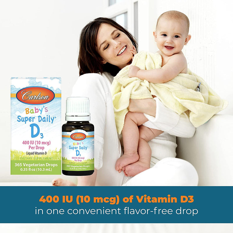 [Australia] - Carlson - Baby's Super Daily D3, Baby Vitamin D Drops, 400 IU (10 mcg) per Drop, 1-Year Supply, Vegetarian, Liquid Vitamin D Drops for Infants and Toddlers, Unflavored, 365 Drops 0.35 Fl Oz (Pack of 1) 