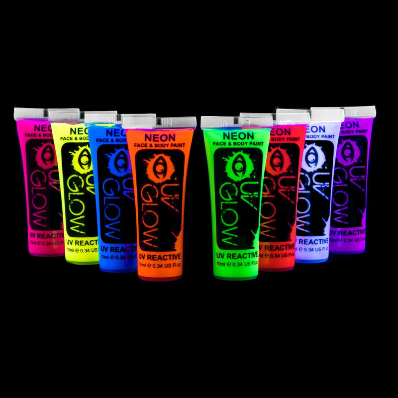 [Australia] - UV Glow Neon Face and Body Paint Set of 8 Tubes - Fluorescent - Brightest glow under UV! 