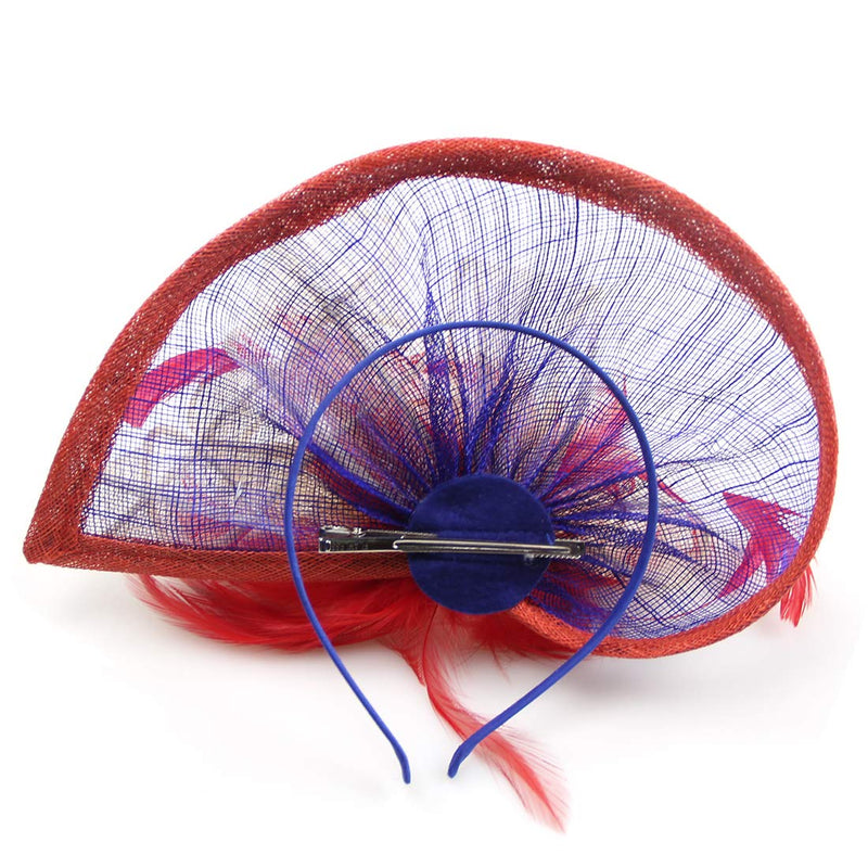 [Australia] - Sinamay Fascinator Hat Mesh Net Feather Cocktail Party Hat Flower Derby Hat for Women Blue+red+white 