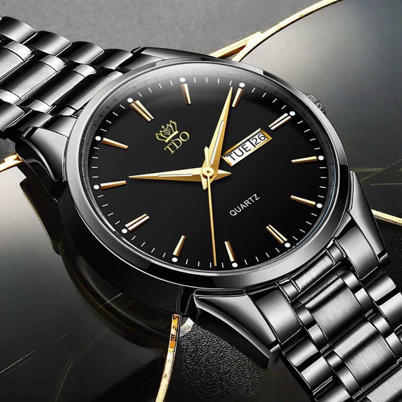 [Australia] - TDO Men Watch Stainless Steel Dress Luxury Analog Quartz Roman Numeral Luminous Calendar 3ATM Waterproof Wrist Watch for Men Black Strap & Black Face 