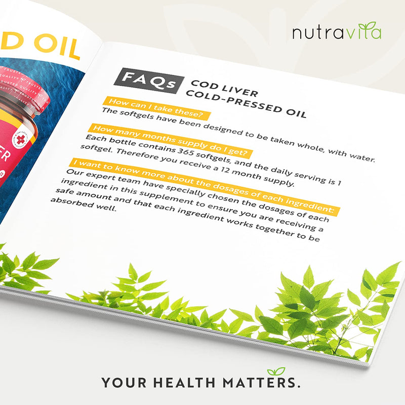 [Australia] - Cod Liver Oil 1000mg - 365 Softgels of Premium Cold Pressed Fish Oil - Rich in High Strength Omega 3, Vitamins A, D, E & Garlic Oil - Supports Heart & Brain Health - Made in The UK by Nutravita 