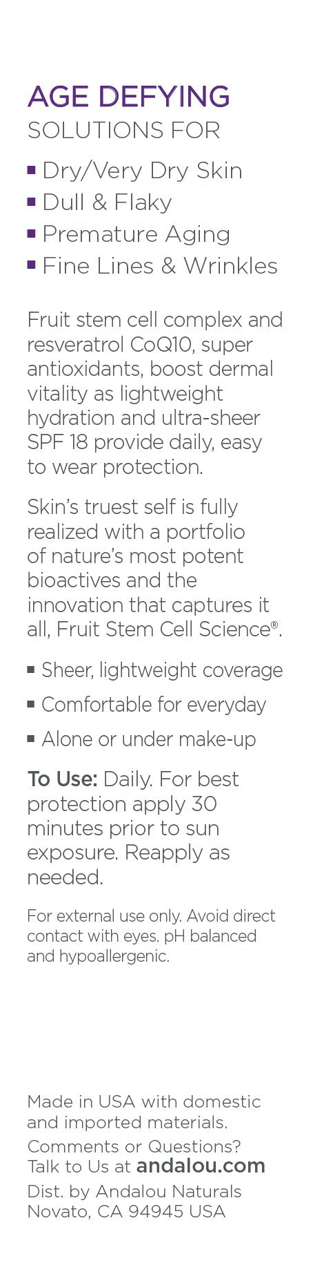 [Australia] - Andalou Naturals Ultra Sheer Daily Defense Facial Lotion, SPF 18, 2.7 oz, with Resveratrol CoQ10 and Antioxidants, Lightweight, Hydrating Facial Moisturizer 