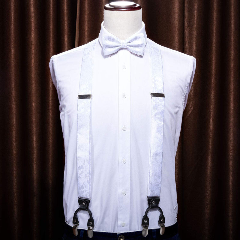 [Australia] - YOHOWA Suspenders for Men 6 Clips Strength Adjustable Y Braces Paisley Pre-tied Bow Tie Hankerchief Cufflinks Set Formal White 