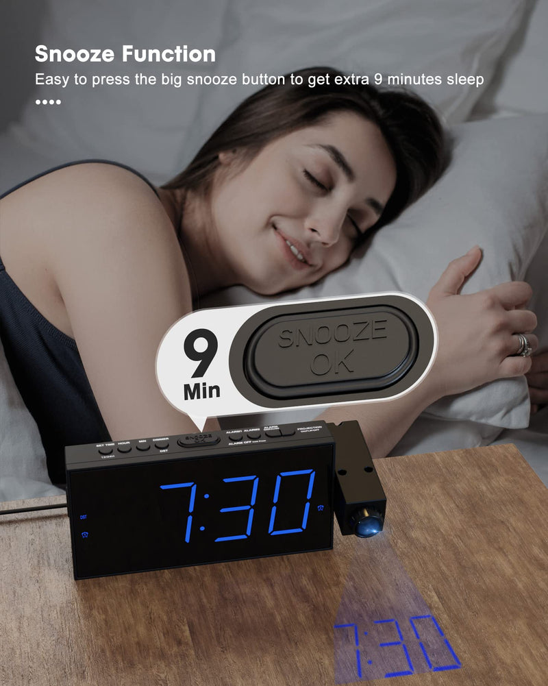 [Australia] - Projection Alarm Clock for Bedroom,LED Digital Clock Projection on Ceiling Wall with USB Phone Charging,Battery Backup,180°Projector& Dimmer,12/24H,DST,Snooze,Dual Loud Bedside Clock for Heavy Sleeper Black 