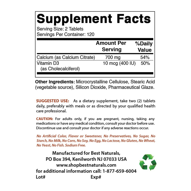 [Australia] - Best Naturals Calcium Citrate with Vitamin D-3 240 Tablets (240 Count (Pack of 1)) 240 Count (Pack of 1) 