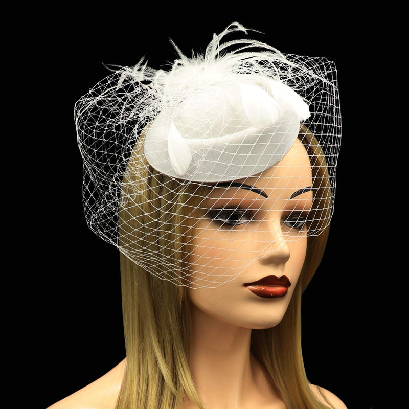 [Australia] - Umeepar Pillbox Fascinator Hat for Women Wedding Kentucky Derby Tea Party Hat Headband Hair Clip with Veil Feather - White 