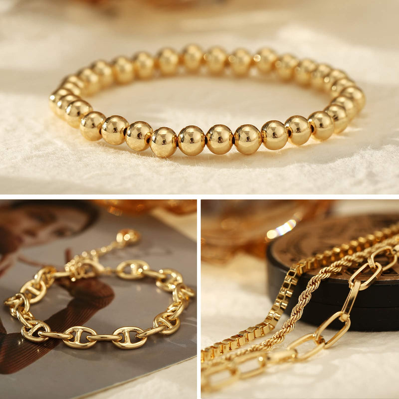 [Australia] - ÌF ME 9 PCS Chain Bracelets Set for Women Adjustable Fashion Paperclip Link Beaded Italian Cuban Chunky Flat Cable Chain Bracelets Jewelry for Women Girls Gift Gold 