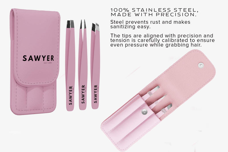 [Australia] - Tweezers for Women - 3-Piece Pink Stainless Steel Precision Eyebrow Tweezer Set With Leather Case - 4.75” T x 2.25” W - Slant, Flat, and Pointed Tips - 100% Quality Guarantee - By Sawyer Self-Care 