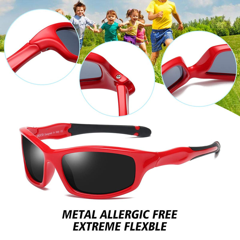 [Australia] - DUCO Kids Sunglasses Boys Sports Polarized Sunglasses Youth Sunglasses for Boys And Girls Age 3-10 K006 Red Frame Black Temple Grey Lens 2.16 Inches 