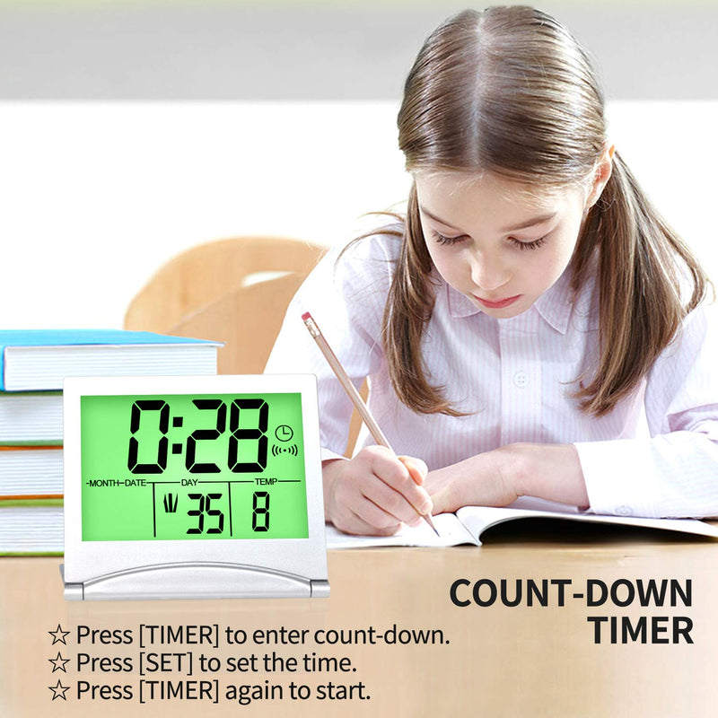 [Australia] - Betus Digital Travel Alarm Clock with Backlight - Foldable Calendar Temperature Timer LCD Clock with Snooze Mode - Large Number Display, Battery Operated - Compact Desk Clock for All Ages (Silver) 