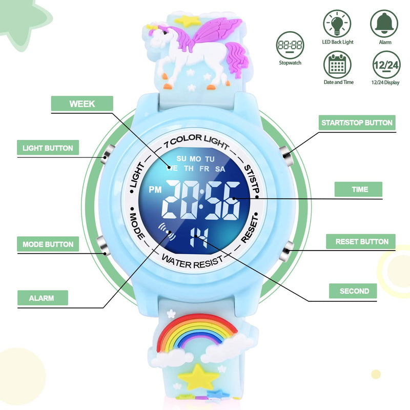 [Australia] - VAPCUFF 3D Cartoon Waterproof Kids Watches with Alarm - Best Toys Gifts for Girls Age 3-10 Blue 