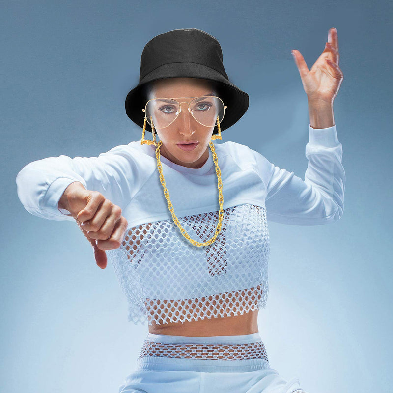 [Australia] - 80s/ 90s Hip Hop Costume Kit Rapper Costume Bucket Hat Sunglasses Earrings Gold Chain Accessories set 