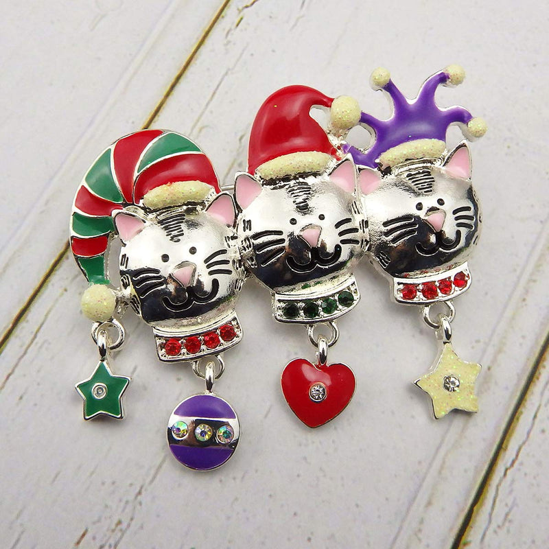 [Australia] - RareLove Big Size 2.2" Cute 3 Cats with Christmas Hat Christmas Pins and Brooches Crystal Animal Brooch Pin Gift for Women Girls Alloy Silver Plated 