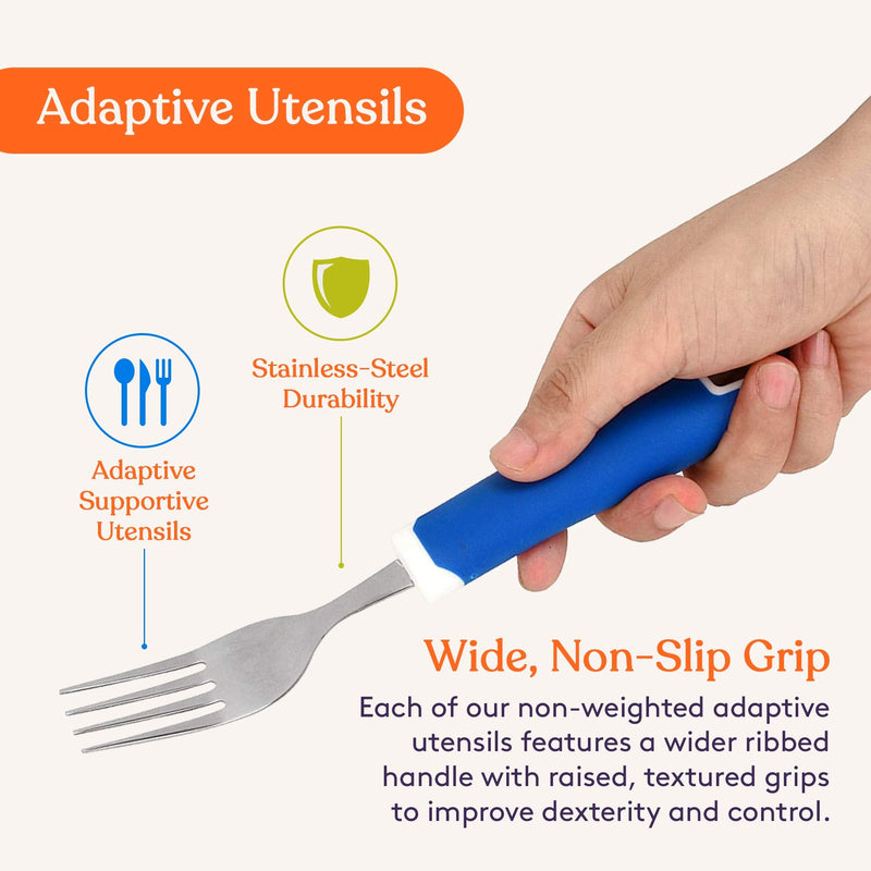 [Australia] - Special Supplies Adaptive Utensils 5-Piece Set Non-Weighted, Non-Slip Handles for Hand Tremors, Arthritis, Parkinson’s or Elderly Use - Stainless Steel Knife, Rocker Knife, Fork, Spoons - Blue 