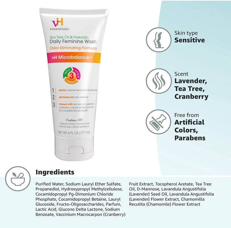 [Australia] - vH essentials, Ph Balanced Daily Feminine Wash, Tea Tree Oil & Prebiotic, 6, Fl Oz, (Pack Of 1) 54306 Clear 