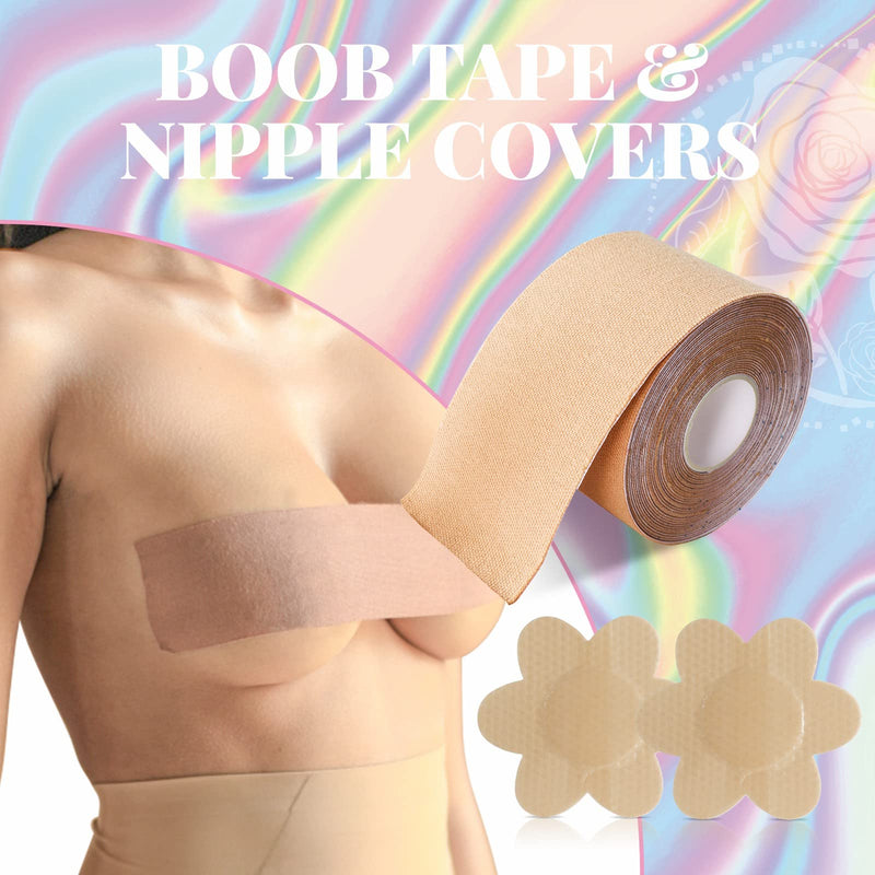 [Australia] - Boob Tape and 2 PCS Petal Nipple Covers, Breathable Invisible Breast Lift Tape, Athletic Tape, Silicone Breast Petals Reusable Adhesive Bra, for A-G Cup Large Breast Yellow 