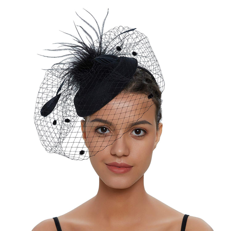 [Australia] - Zivyes Fascinator Hats for Women Pillbox Hat with Veil Headband and a Forked Clip Tea Party Headwear 1-1-black 