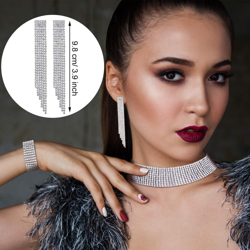 [Australia] - Hicarer Women Crystal Jewelry Set Bridal Wedding Rhinestone Choker Bracelet Dangle Earrings Silver 