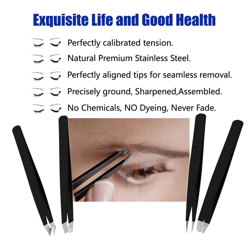 [Australia] - RoosterCo Eyebrow Tweezer Set with Travel Case,4-Piece Daily Beauty Tools for Hair Removal, Best Precision (Black) 