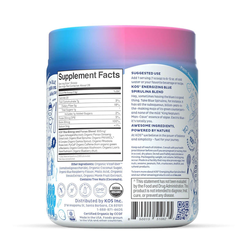[Australia] - KOS Natural Pre Workout Powder - Blue Raspberry Flavored Blue Spirulina Blend - 70 mg Organic Caffeine, Ginseng, Cordyceps Electric Boostberry 