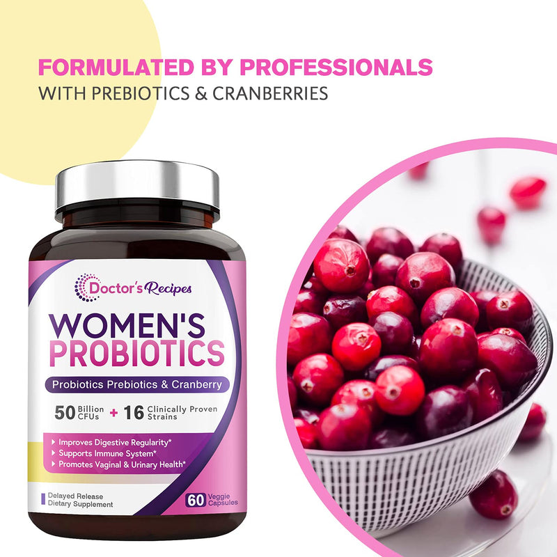 [Australia] - Doctor's Recipes Women’s Probiotic, 60 Caps 50 Billion CFU 16 Strains, with Organic Prebiotics Cranberry, Digestive Immune Vaginal & Urinary Health, Shelf Stable, Delayed Release, No Soy Gluten Dairy 60 Count (Pack of 1) 