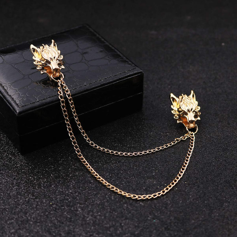 [Australia] - YOOE Punk Wolf Head Long Chain Brooch. Gold Silver Chain Tassel Brooch Pin, Cool Animal Head Collar Coat Pin for Men's Corsage Pin 