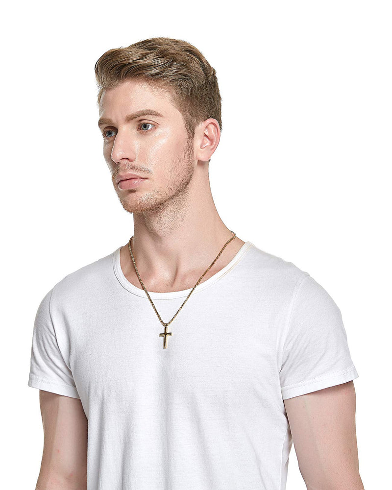 [Australia] - REVEMCN Cross Necklace for Men Women Kids, Silver Gold Black Stainless Steel Simple Cross Pendant Necklace 18-22 Inches Chain 20.0 Inches Gold Tone - Rolo Cable Chain 