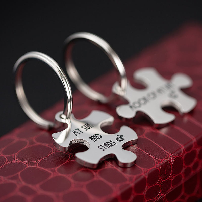 [Australia] - omodofo Valentine's Day His and Hers Puzzle Piece Pendant Necklace KeyChain Set Personalized Couples Stamped Chain Keyring My sun and stars & Moon of my life (Keychain) 