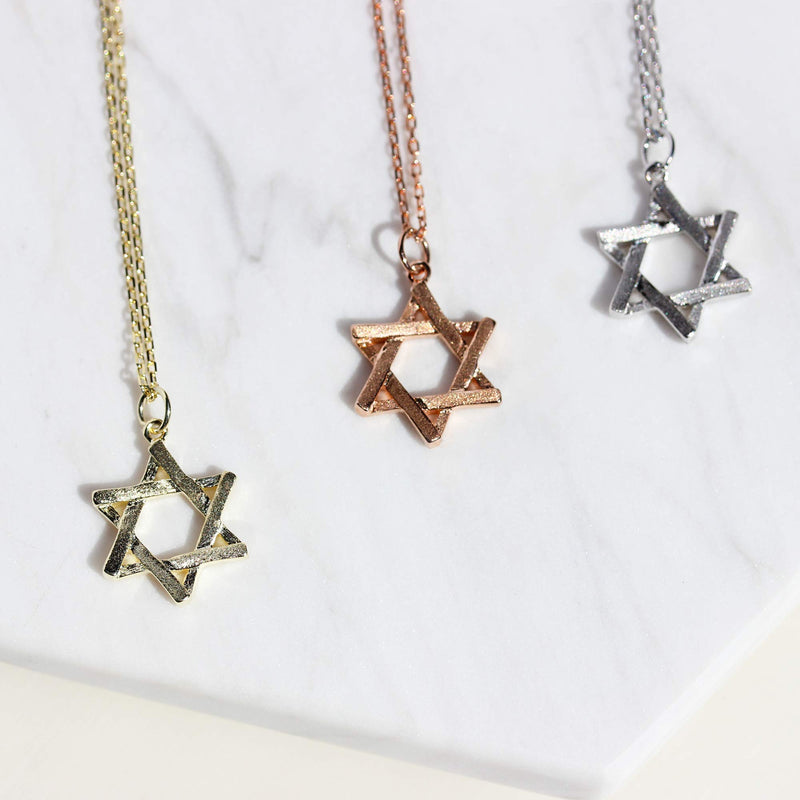 [Australia] - Spoil Cupid 14k Gold Plated 925 Sterling Silver Jewish Jewelry Star of David Necklace Matte Finish Brush Textured, 18" SIlver Star 