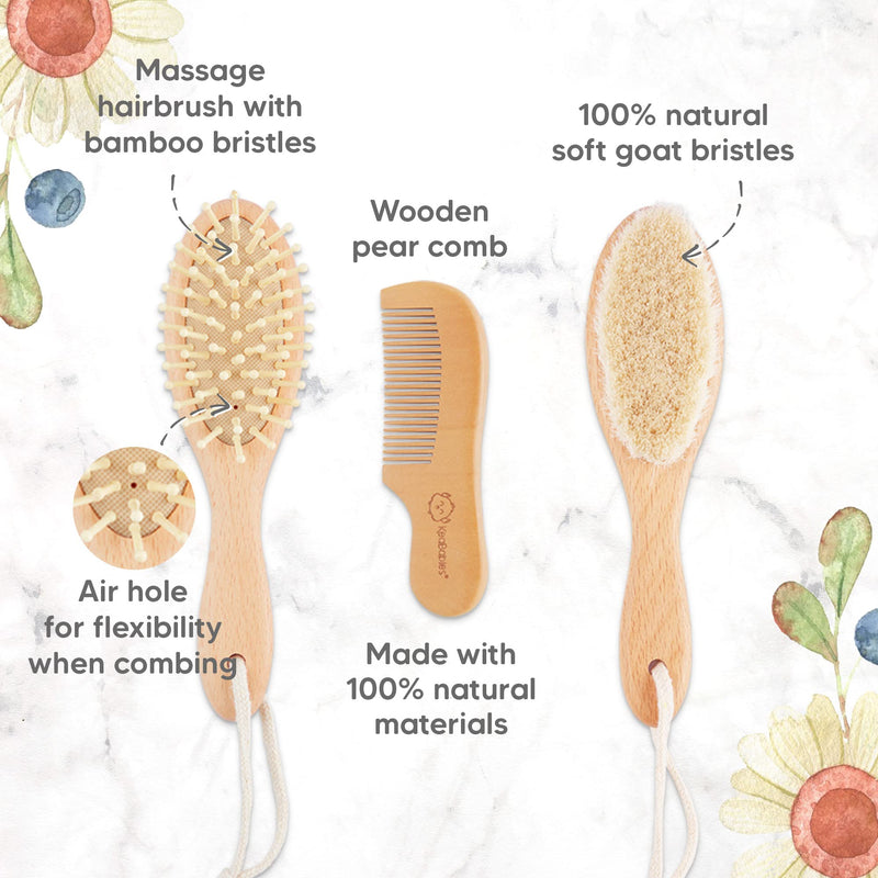 [Australia] - Baby Hair Brush and Baby Comb Set - Wooden Baby Brush with Soft Goat Bristle - Toddler Hair Brush Baby Brush and Comb Set - Baby Brush Set for Newborns - Infant Hair Brush, Cradle Cap (Oval, Walnut) 
